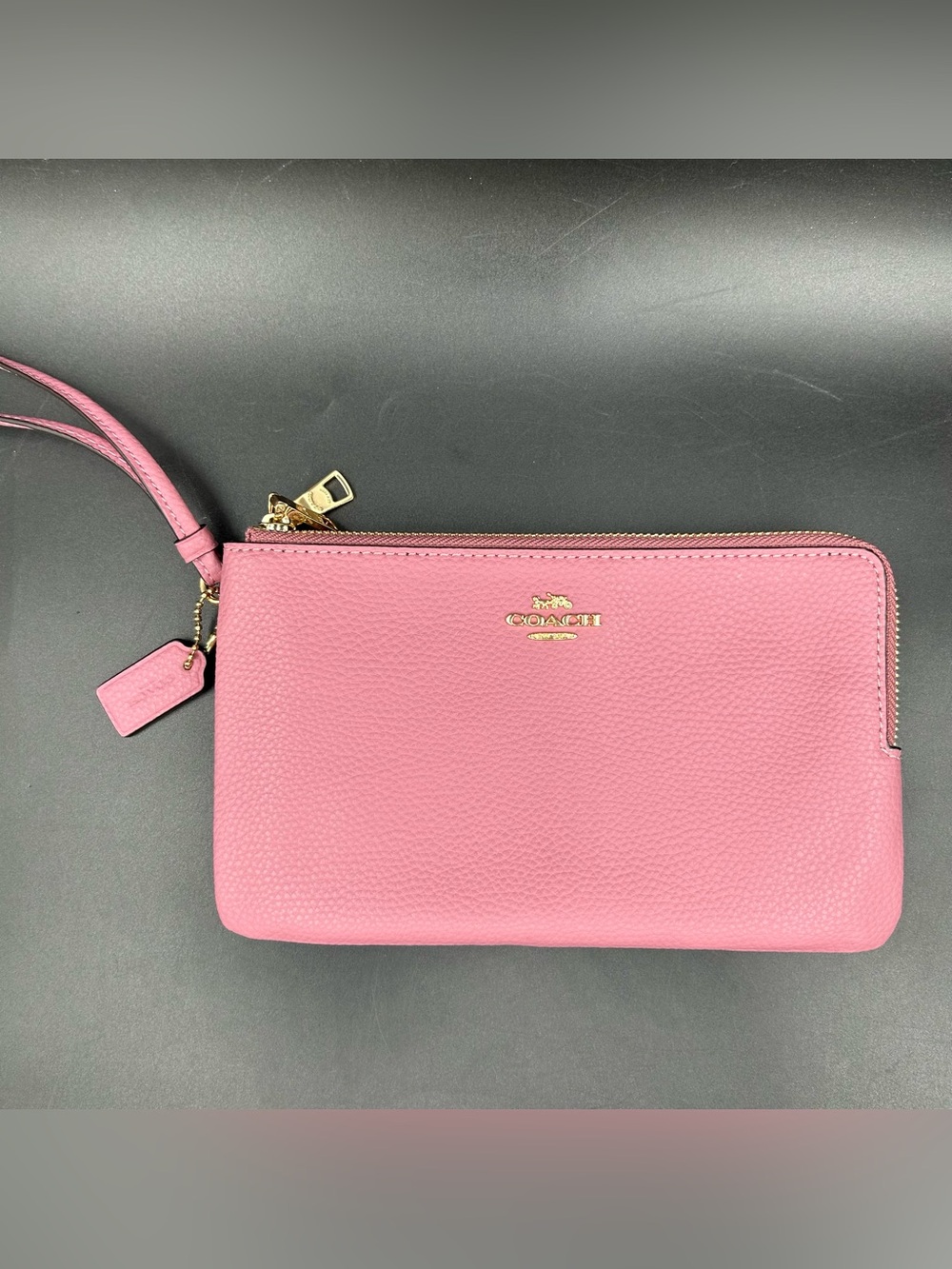Coach Pink Pebbled Leather Double Zip Wristlet Wallet Gold Tone Hardware